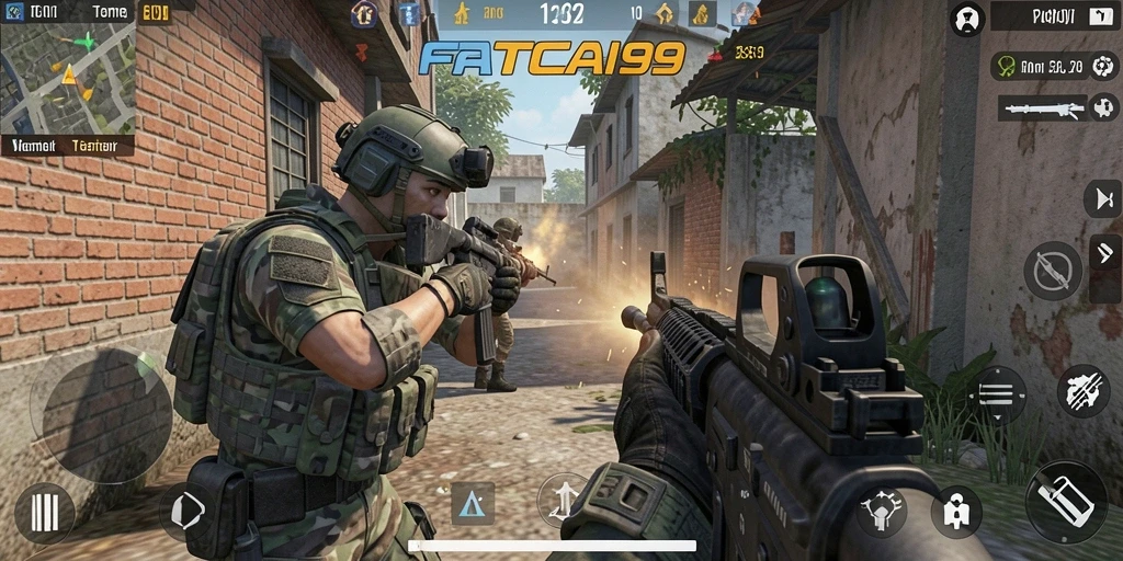 Screenshot utama menampilkan aksi intens dalam gameplay FPS FATCAI99.