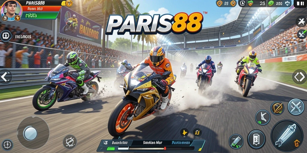 Tampilan gameplay seru dari PARIS88 saat balapan motor.