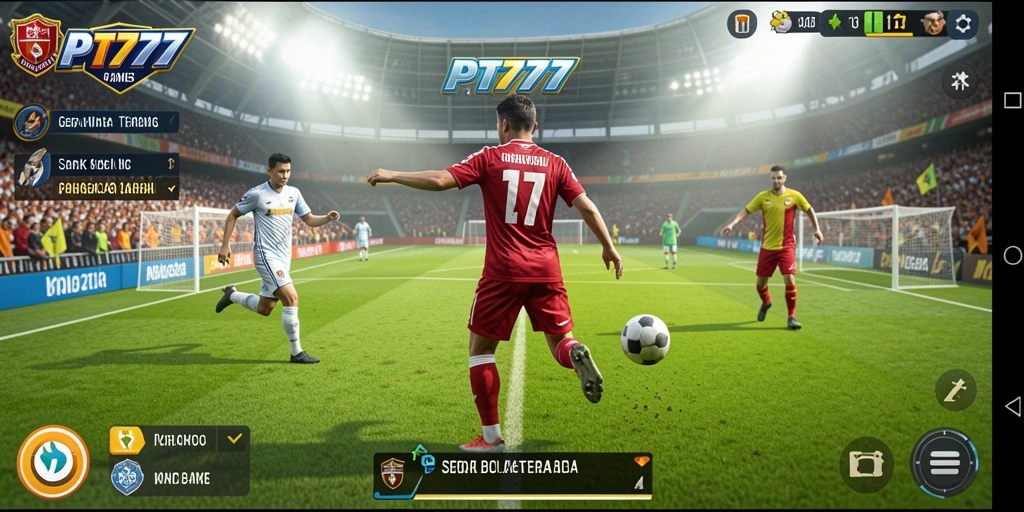 Screenshot PT777 menunjukkan gameplay seru di lapangan sepak bola.