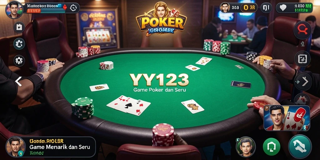Tampilan screenshot utama YY123 menampilkan gameplay Poker yang mendebarkan.